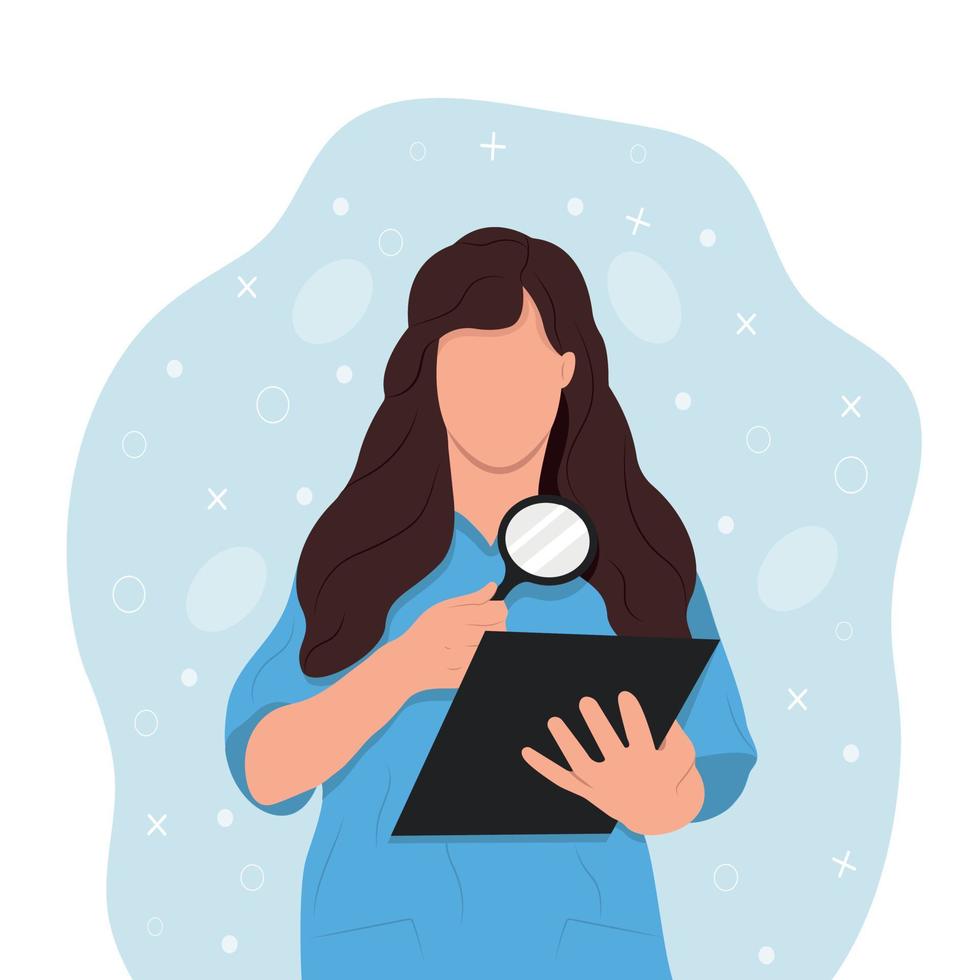 A young nurse holds a magnifying glass and a folder in her hands, conducts a study of the patient's test results. Vector illustration.