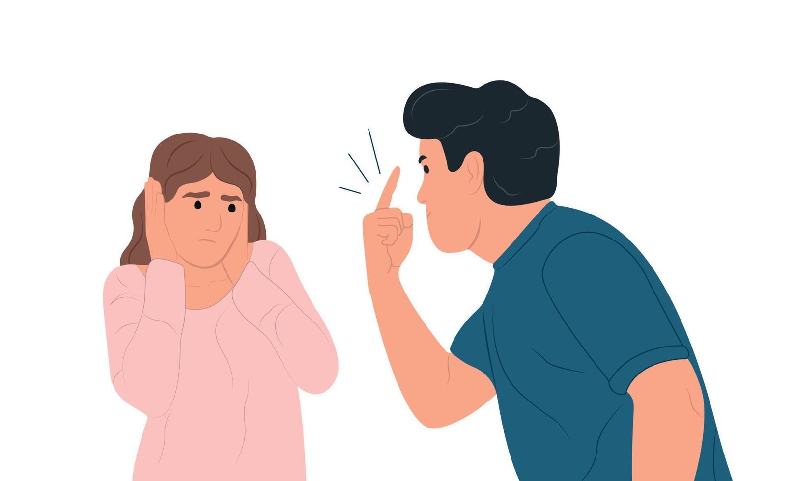 Misunderstanding of conflicts between people. A man scolds a woman, a woman is in a tearful state covers her ears with her hands. Flat vector illustration