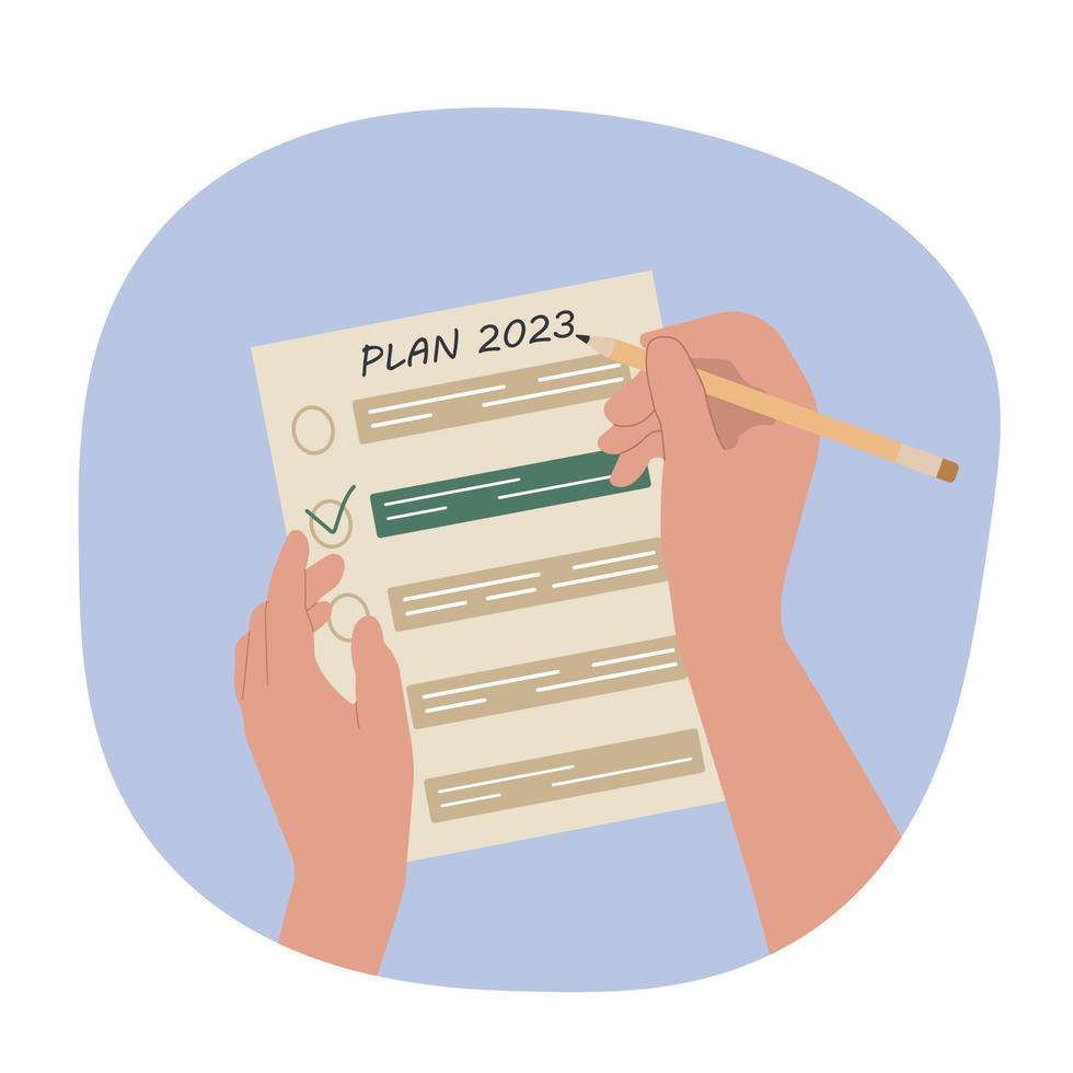 Planning your future for 2023 and recording your list, goals and ideas. New Years resolution. List of gifts. Shopping list. vector