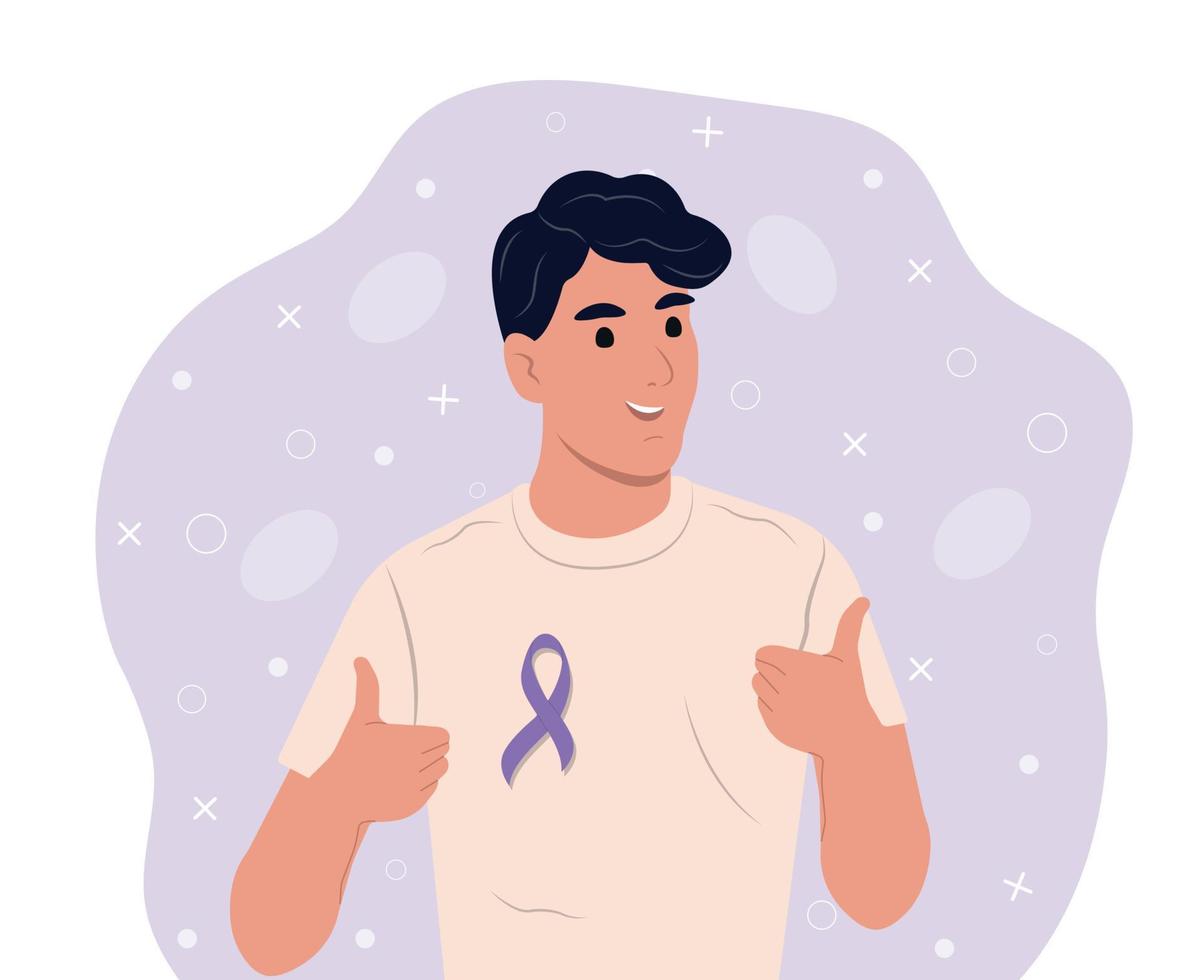 Cancer Awareness Ribbon. Man and the symbol of health. Lavender ribbon. Vector illustration.