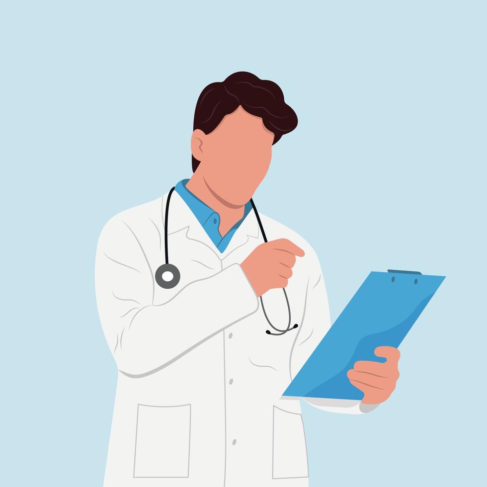 Curiosity concept. A man is a doctor with a tablet and a stethoscope standing, looking at something with a magnifying glass and trying to find something. vector