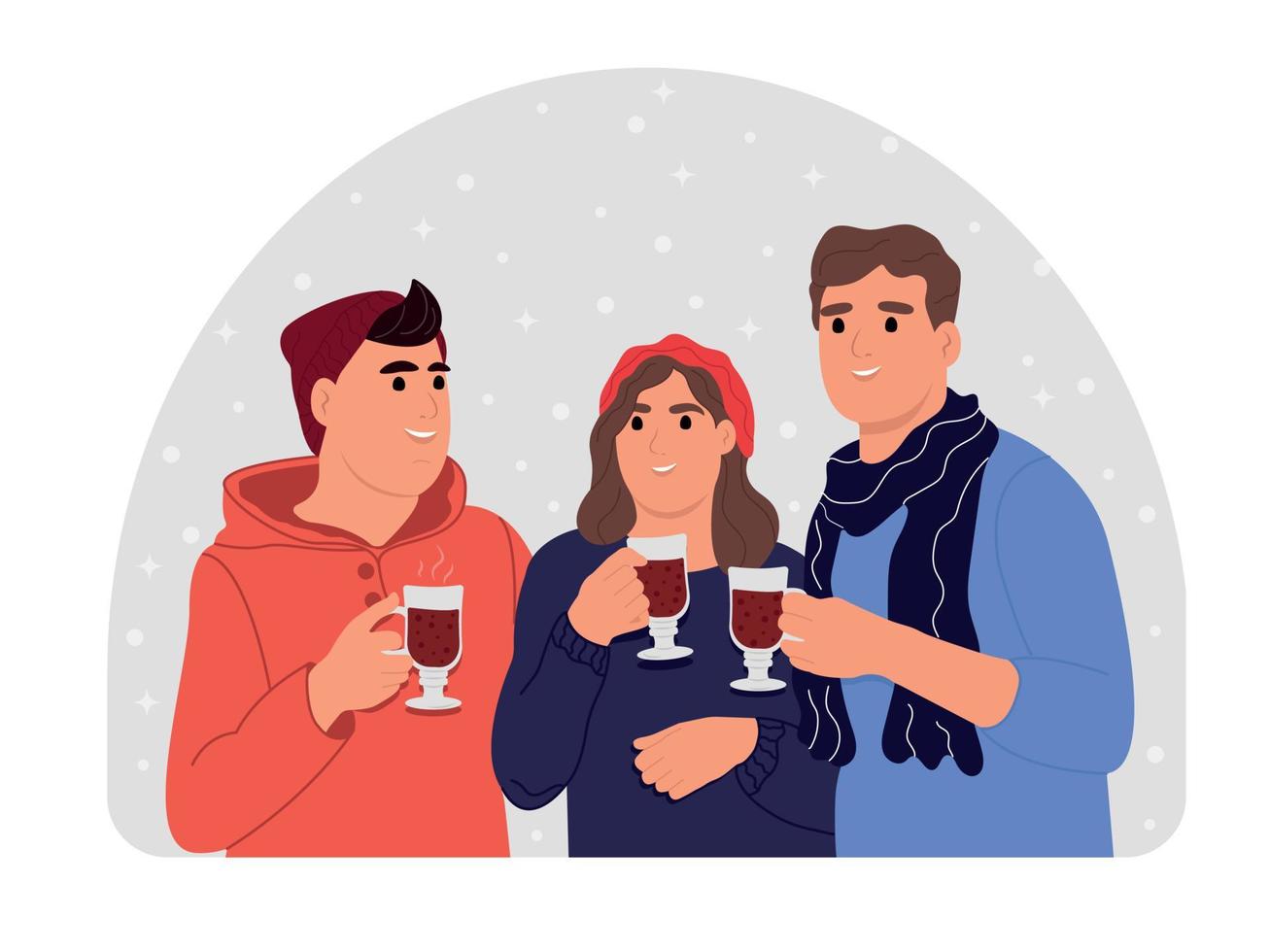 Winter happiness, mulled wine or coffee drink for a snowy winter. Characters with hot drinks. Friends spend time together Vector illustration in flat cartoon style.