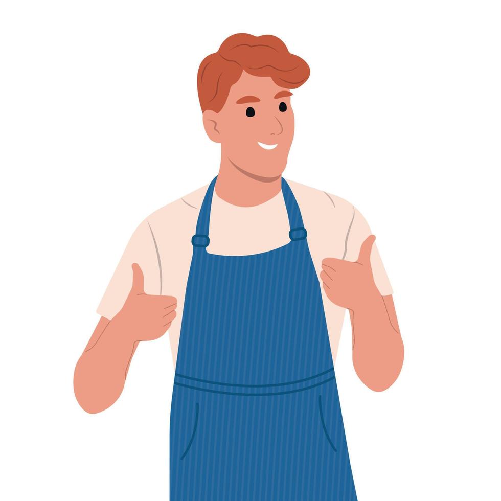 Grocery store employees,small business.Happy positive man showing gesture. Flat vector illustration