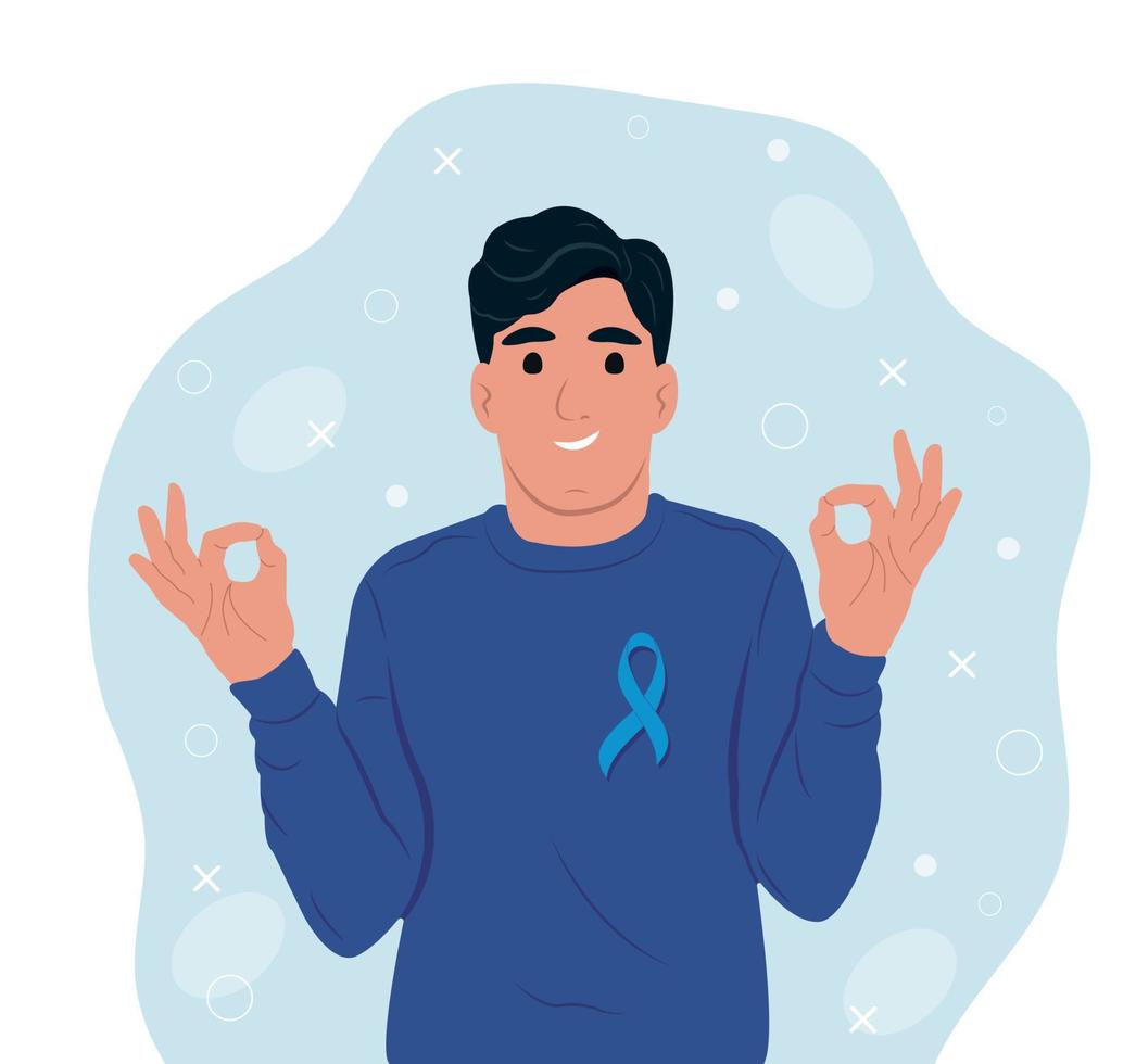 Prostate cancer awareness ribbon with. A man and a symbol of mens health. Flat vector illustration