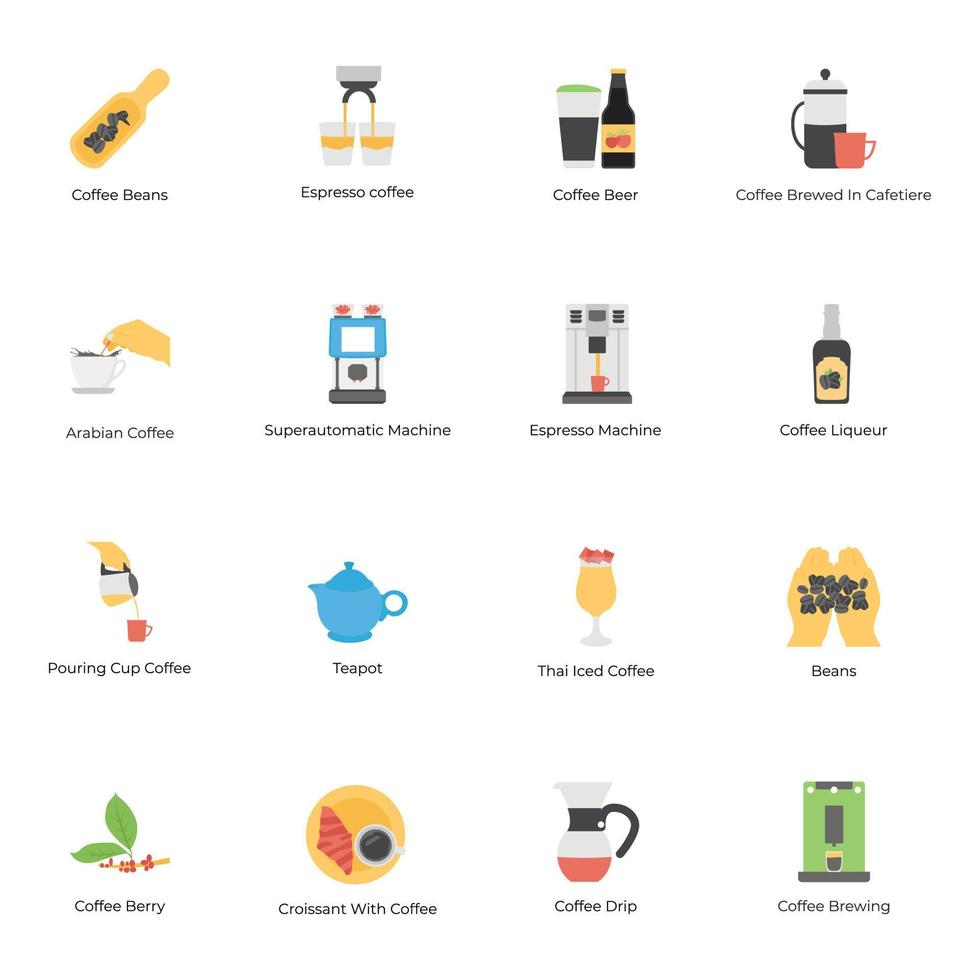 paquete de iconos planos de café y refrescos vector