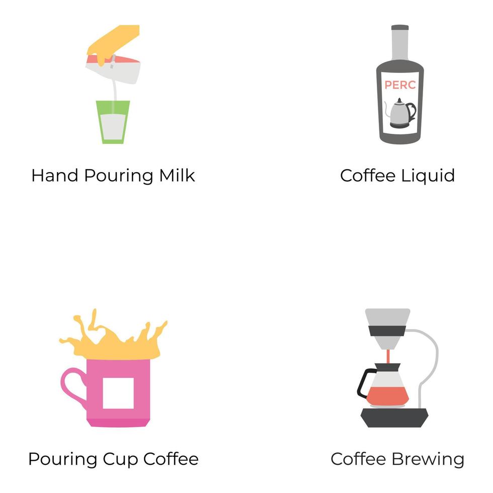 paquete de iconos planos de café y leche vector