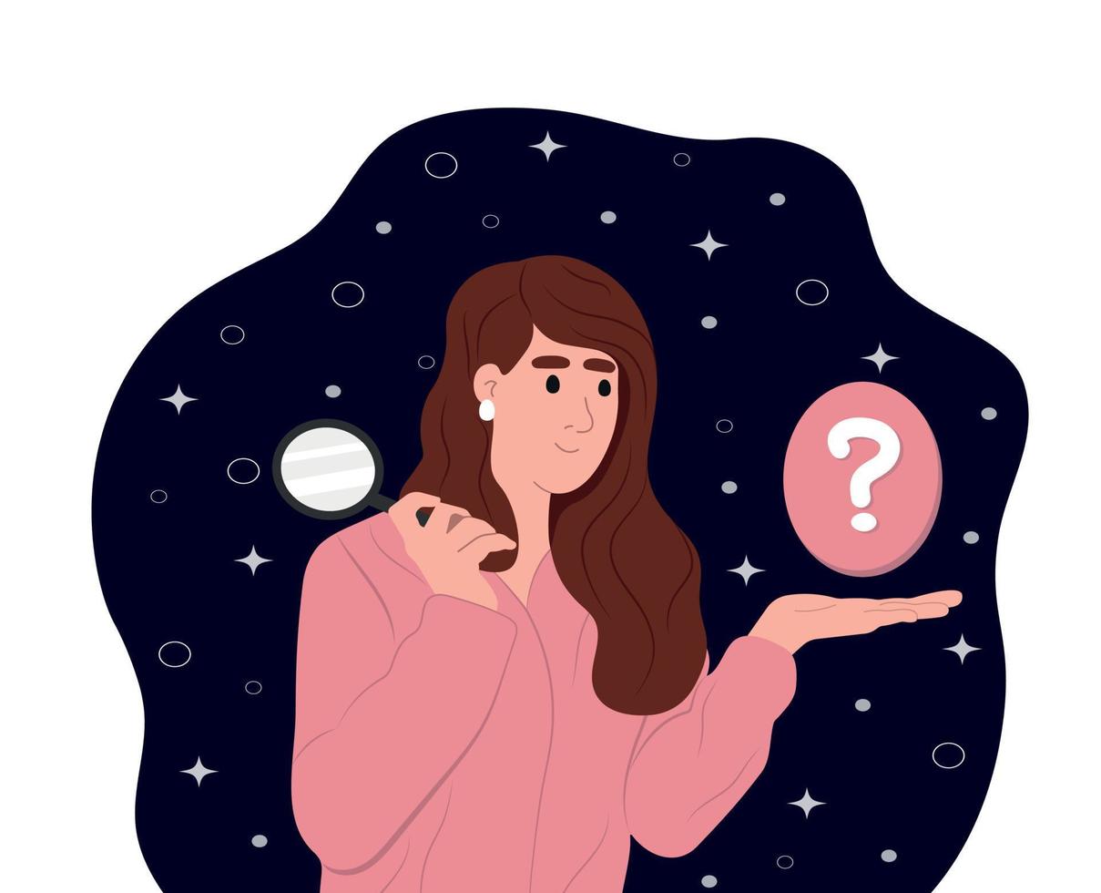 Investment research and curiosity concept. Young smiling girl holding a magnifying glass and pecks answers to questions.Flat vector illustration