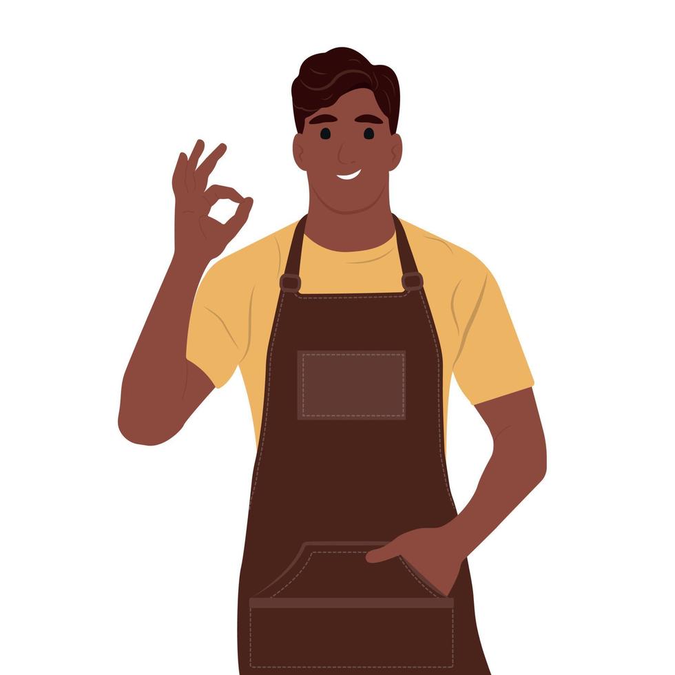 Grocery store employees,small business.Happy positive man showing gesture. Flat vector illustration