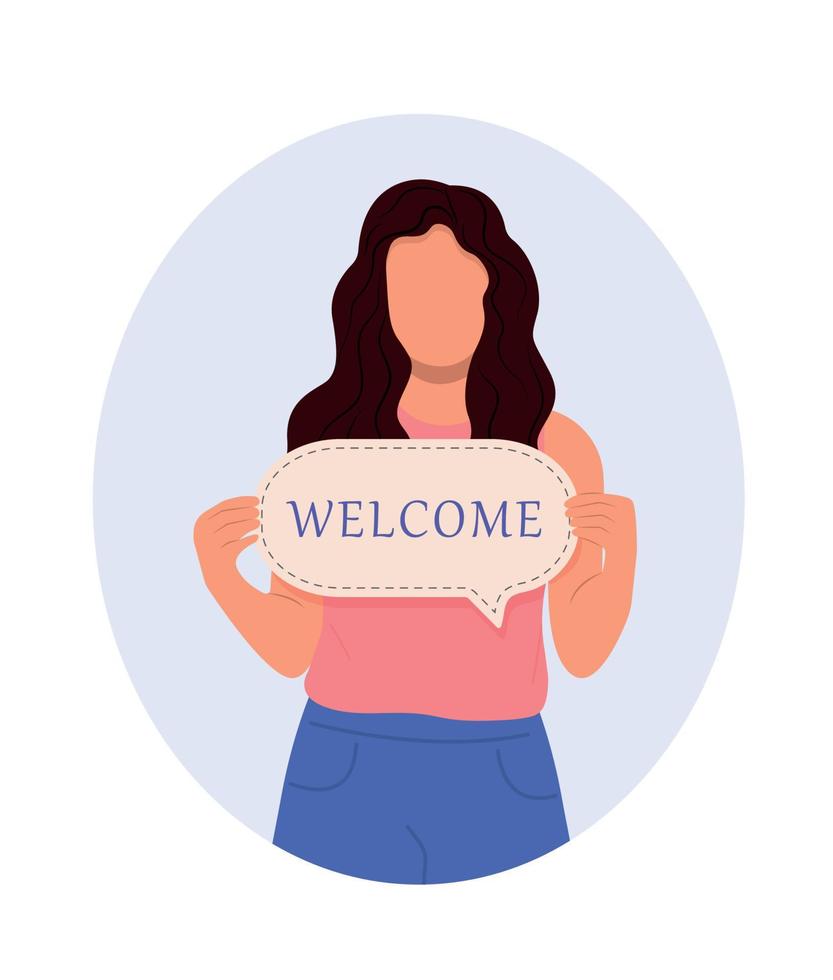 Cheerful woman holding welcome sign and smiling while standing. You are welcome. Flat graphic vector illustration isolated on white background