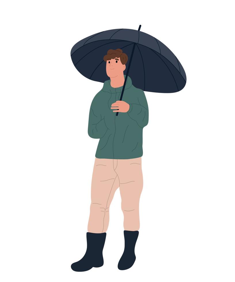 hombre sonriente con un paraguas. un hombre feliz con un impermeable camina por la calle en un día lluvioso. la temporada de otoño está abierta vector