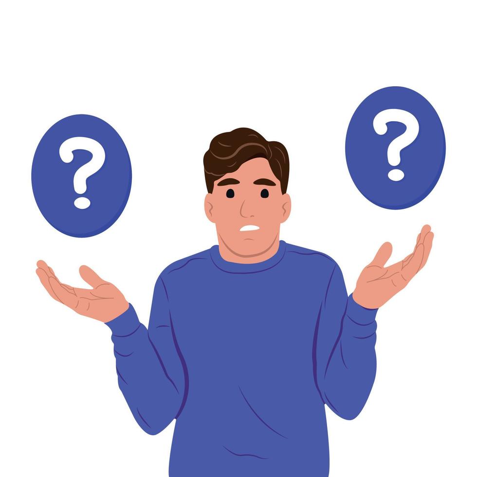 Make choice, decision concept. A young man makes a choice, thinks, analyzing two options. Doubting, deciding, setting priorities. Flat vector illustration