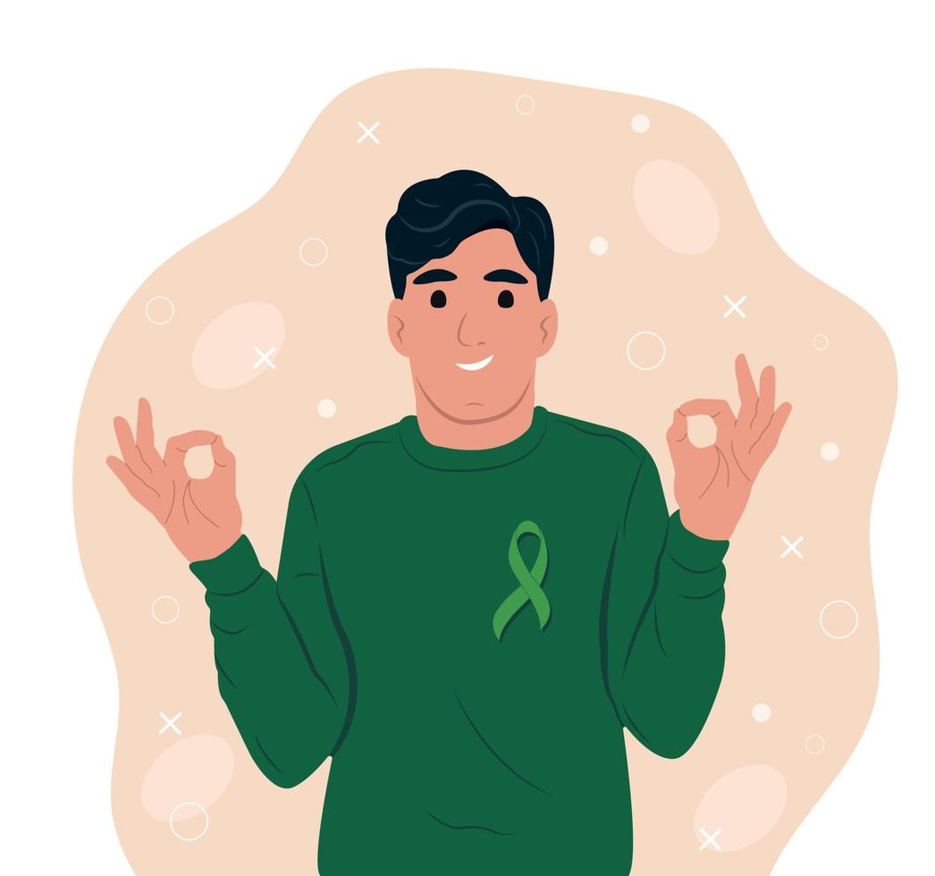 Psychology mental health concept.A man with a green ribbon on his chest. Flat vector illustration