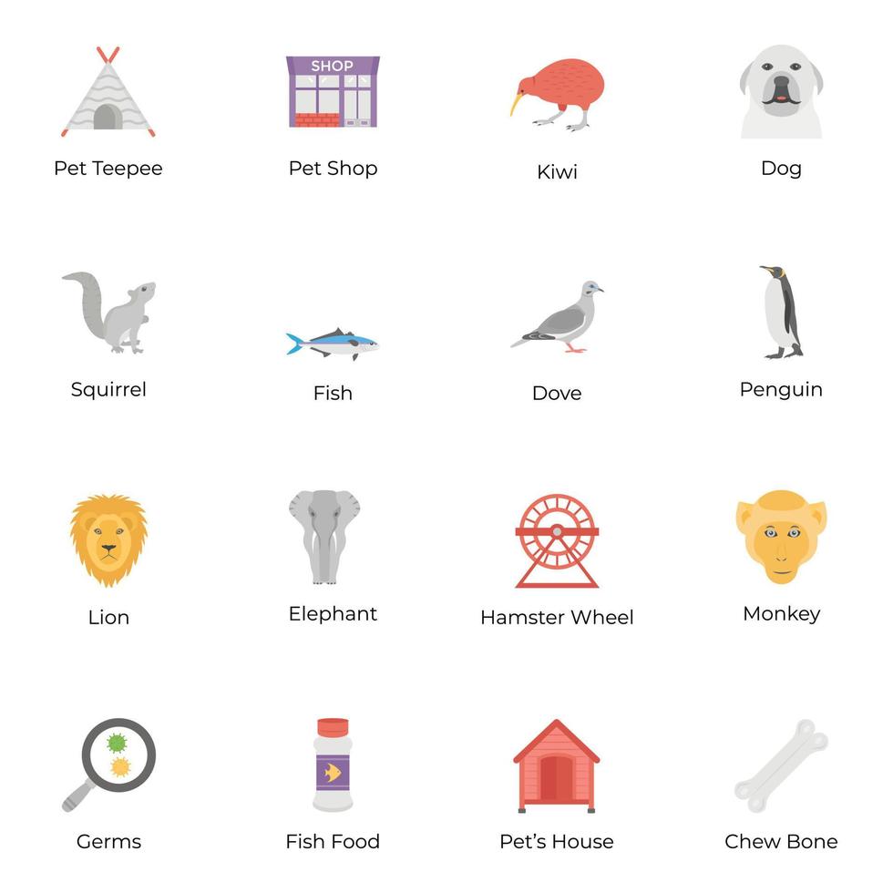 paquete de animales, iconos planos de especies de aves vector