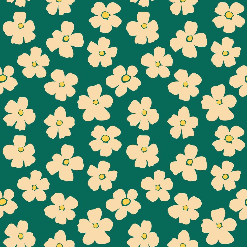 Seamless background with cherry blossom pattern on green fabric. Vector illustration. Wrapping paper pattern.