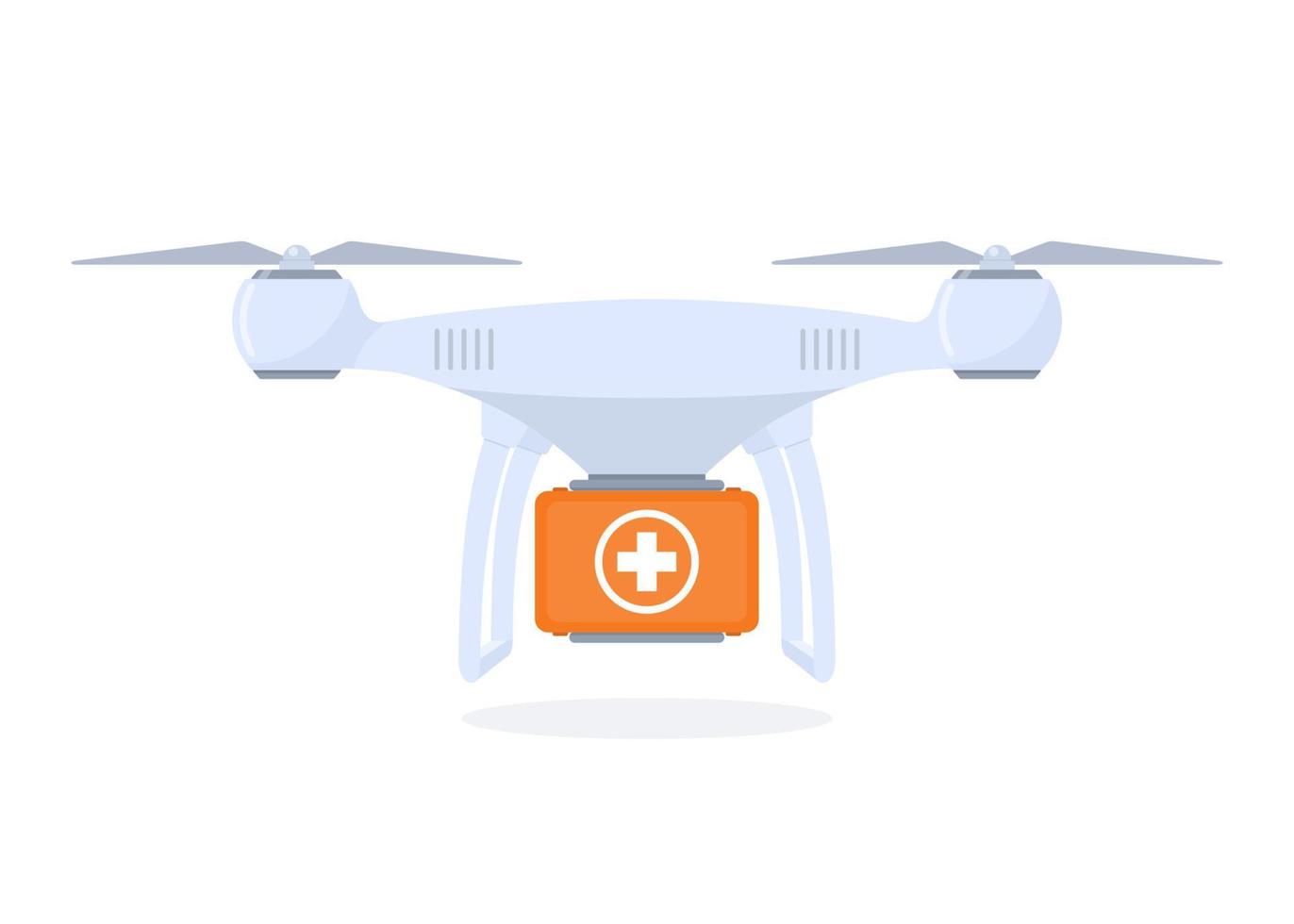 Drone delivering first aid kit. Drug delivery by quadrocopter, modern technologies in medicine. Concept flat style vector illustration.