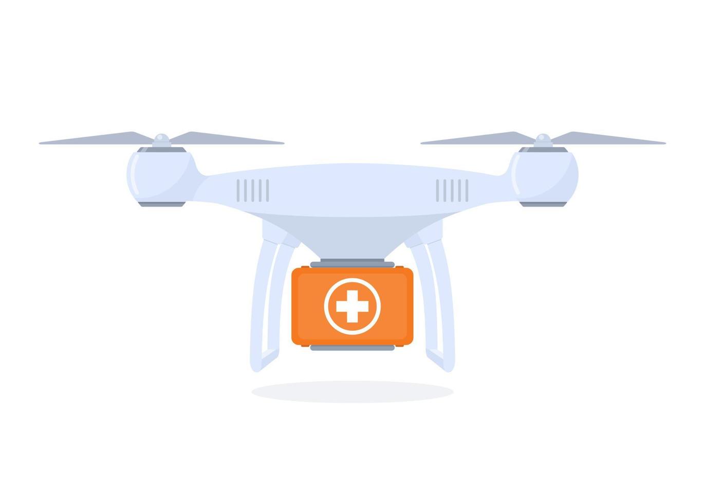 Drone delivering first aid kit. Drug delivery by quadrocopter, modern technologies in medicine. Concept flat style vector illustration.