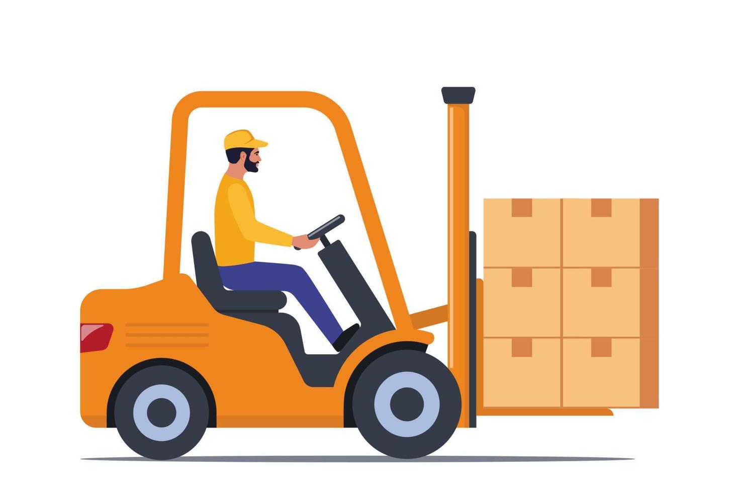 Orange forklift truck with driver and pile of boxes. Electric uploader. Delivery, logistic and shipping cargo. Warehouse and storage equipment. Flat vector illustration.