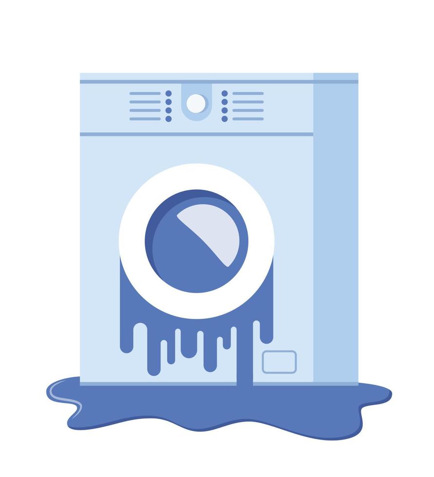 Broken washing machine. Damaged washer with water flowing on floor, need repair. Vector illustration.