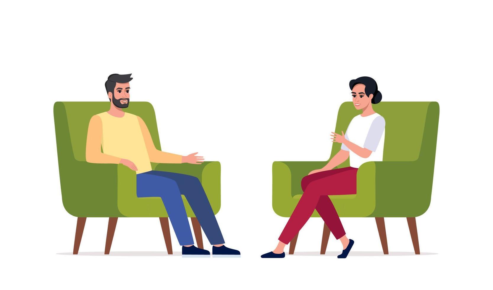 Female psychotherapist has an Individual session with her patient. Man sits on the chair and tells something to his counselor. Talk therapy concept. Vector illustration.