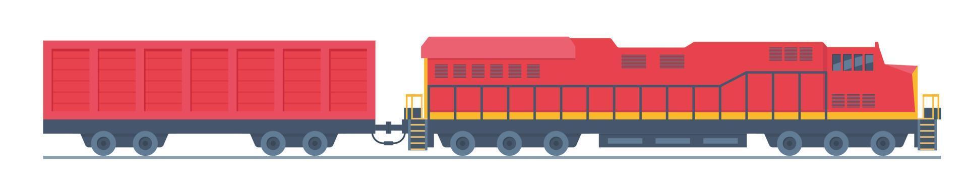 Freight train. Railway locomotive and wagon , transportation cargo. Cargo train. Modern freight traffic vector flat illustration.