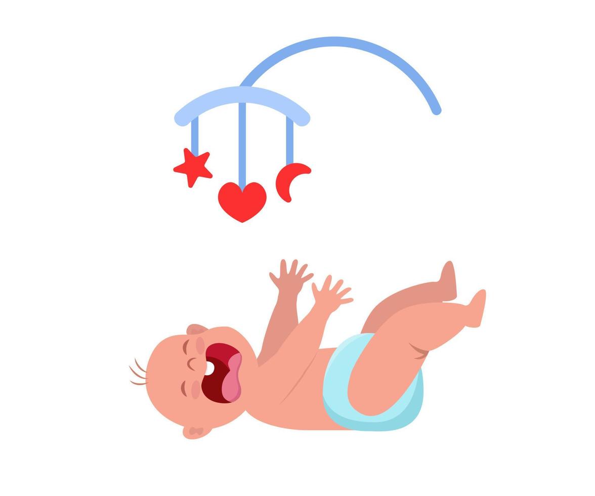 Little baby crying hesterically. Crying baby lies and pulls up the handles. Little kid being unhappy. Baby bed carousel toy above him. Vector Illustration.
