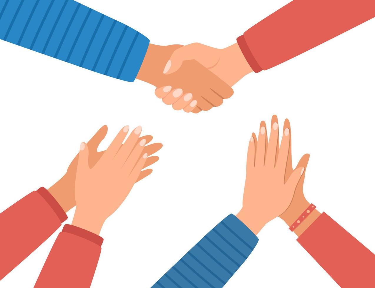 Shaking, clapping, applauding hands. Handshake. High five gesture. Symbol of success deal, partnership, greeting, teamwork, friendship, unity, help,support, community. Vector illustration.