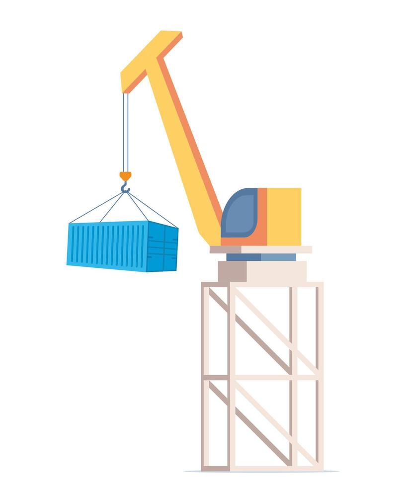 Port crane for loading containers on ships. Vector illustration in flat style.