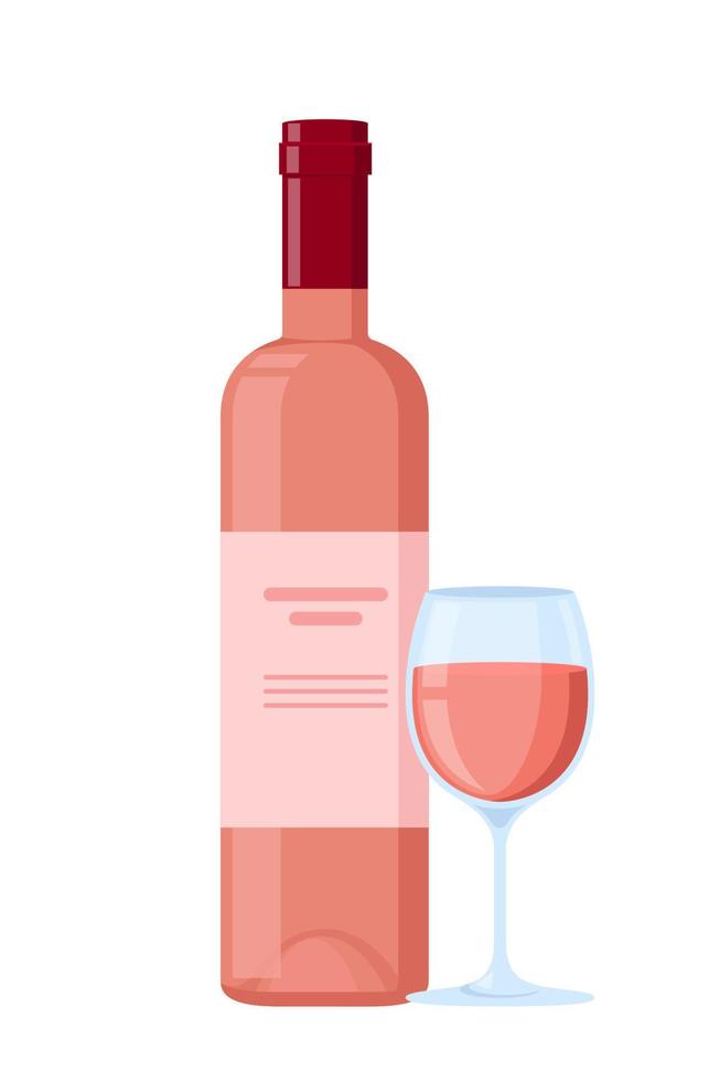 Bottle and glass with Rose wine. Flat Vector Illustration.