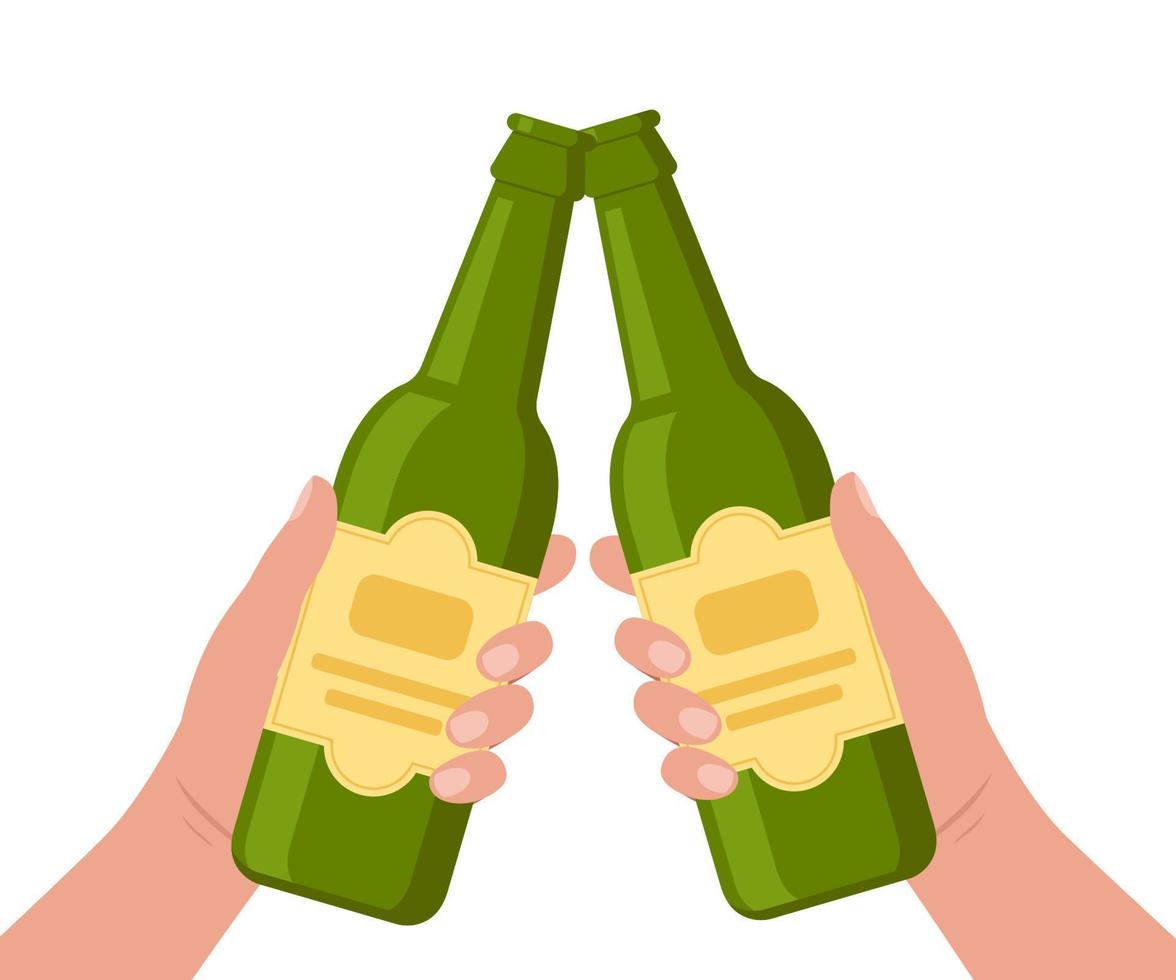 Cheers with beer bottles. Hands holding bottles with alcohol drinks. Friends toast on pub or bar party. Vector illustration.