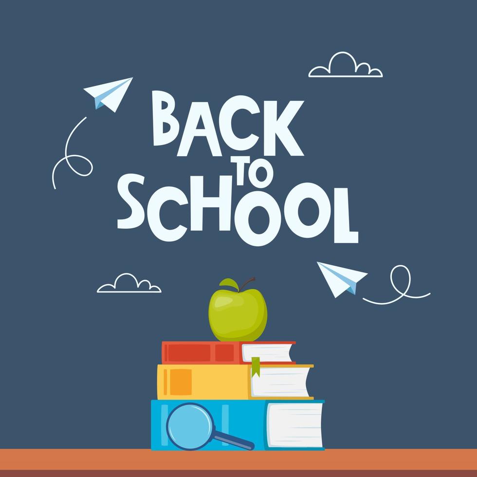 Back to school poster, banner. Lettering Back to school inscription with clouds and paper airplanes flying around, drawn with chalk on a board. Pile of books. Vector. vector