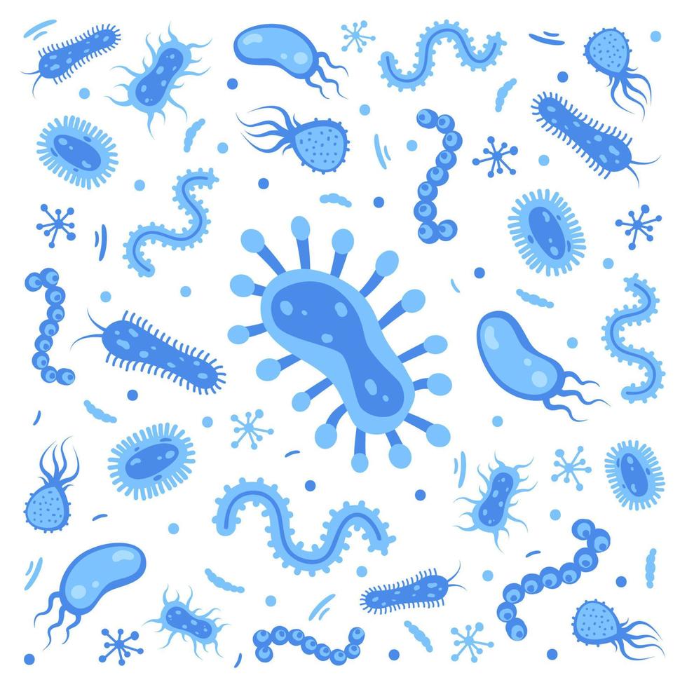 Different bacteria, pathogenic microorganisms. Bacteria and germs, microorganisms disease-causing, bacteria, bacteria, viruses, fungi, protozoa, probiotic. Vector illustration.