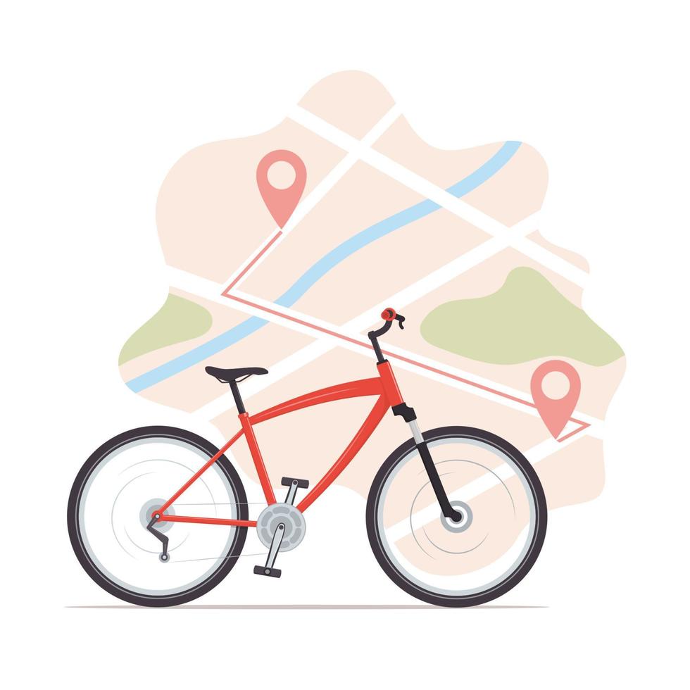 bicicleta, mapa con marcadores de inicio y fin. alquiler de bicicletas, bicicletas compartidas o servicio de entrega. mapa de la ciudad con alfileres y bicicleta. ilustración vectorial plana para banner, volante, tarjeta. vector