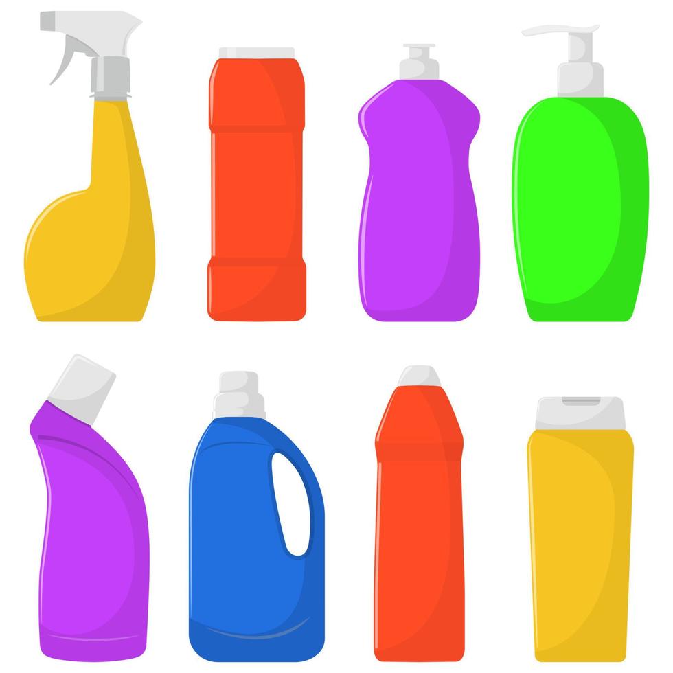 The bottles of detergent, washing powder, detergent powder, bottle of spray, a means for washing dishes. A simple illustration in the flat style, isolated on white background. vector