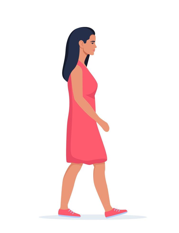 Young woman in casual clothes walking forward, side view. Vector Illustration.