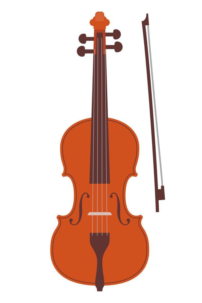 violín clásico de estilo plano simple y arco, aislado en blanco. violín de orquesta realista. instrumento musical vintage, ilustración vectorial. vector