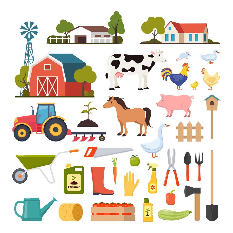 Different farm elements. Farm buildings, domestic animals, transport, inventory, harvest. Set of scenes and elements on farm theme. Vector illustration.