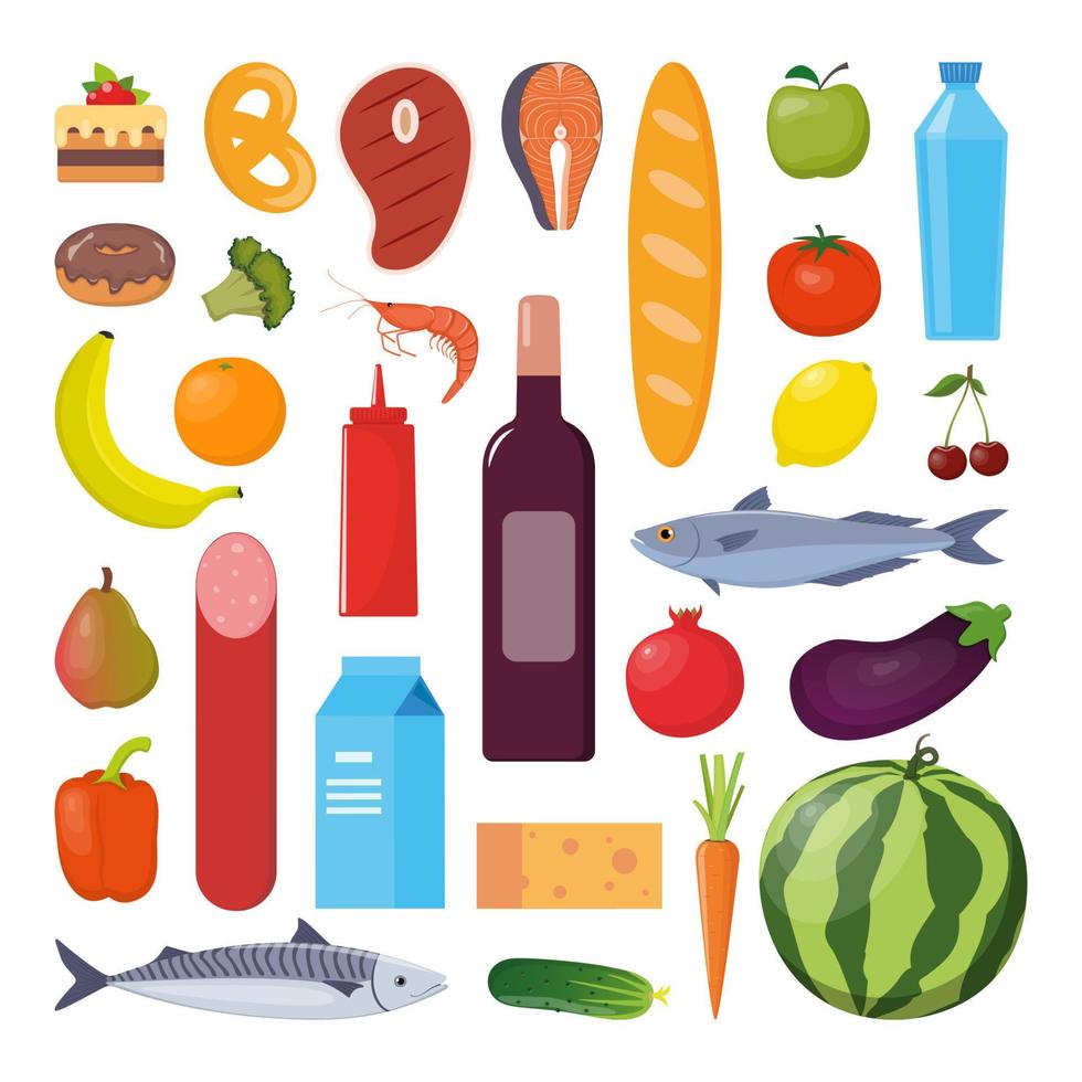 juego de comestibles. leche, verduras, carne, pan, queso, embutidos, vino, frutas, pescado, cereales, zumos. ilustración vectorial, diseño plano. vector