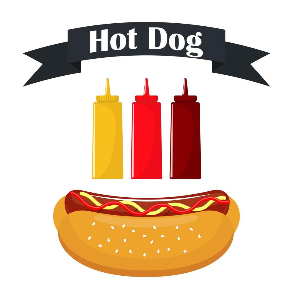 Hot dog with sausage and ketchup. Delicious hot dog and sauce bottles with ketchup, mustard, barbecue sauce. Classic fast food. Vector illustration , isolated on white.