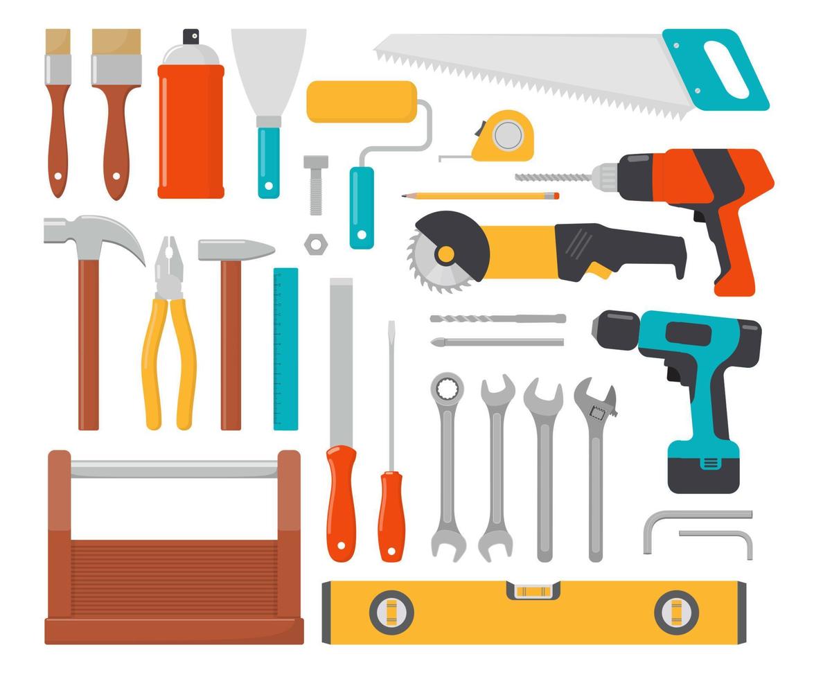 Collection of working tools. Repair and construction tools icon set. Hammer, pliers, chisel, file, screwdriver, brush, spatula, wrench, saw, drill, ruler, grinder, tool box. Vector flat illustration.