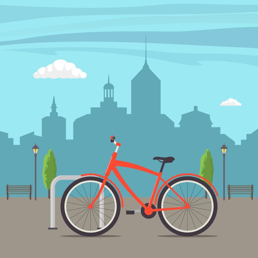 Bicycle Parking on a city street. Bike on urban background. Cute red bicycle, parked in the city, with skyscrapers in the background, trees, lights and benches. Vector flat illustration.