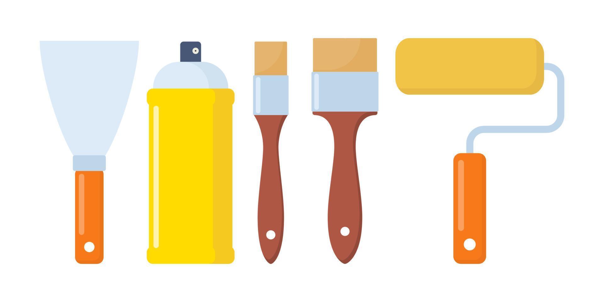 Painting tools set. Tools for various ways of painting. Paint roller, brushes, spray paint. Vector flat illustration, isolated.