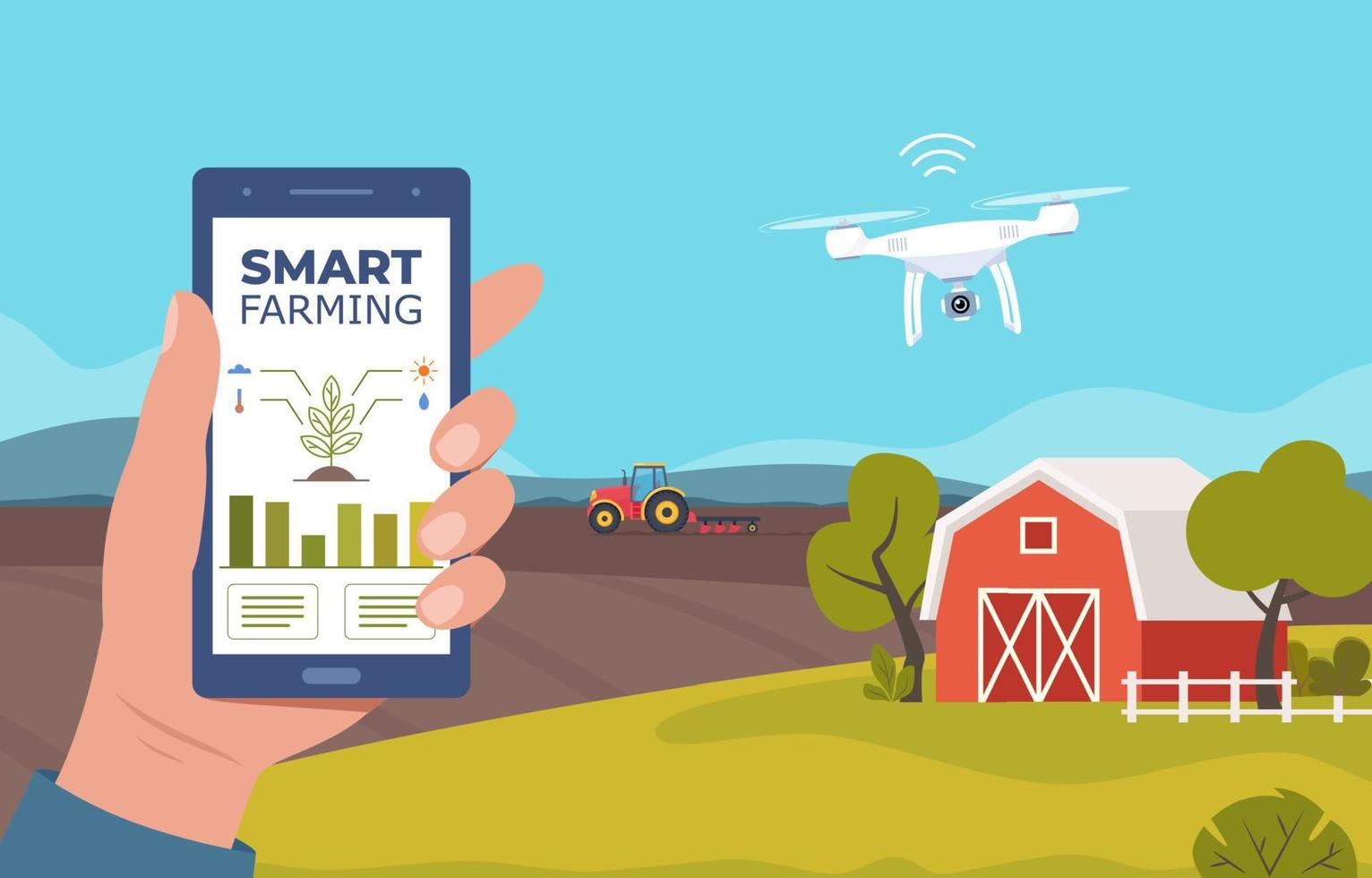 Smart farming, futuristic technologies in farm industry. Smartphone with app for control plants growing, drone, wind mills, agricultural automation. Farm scene with red barn. Rural landscape. Vector. vector