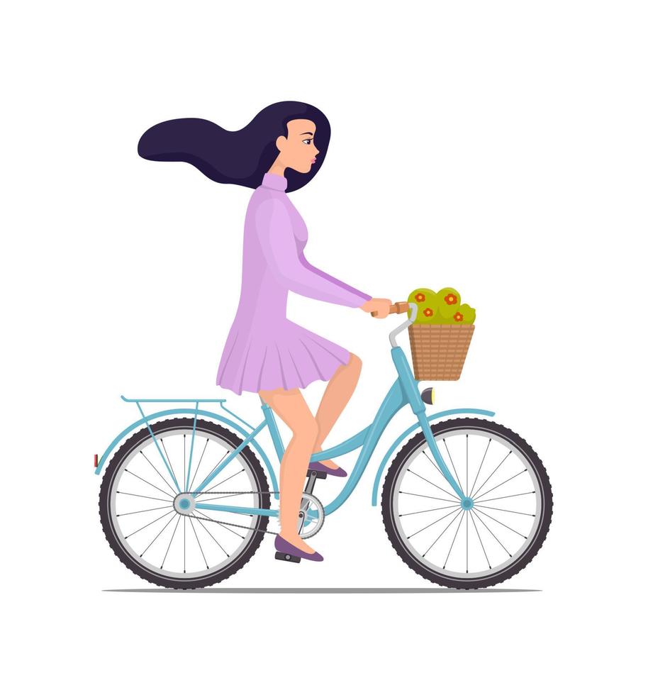 Beautiful young woman riding on a bicycle with flowers in a basket. Pretty girl in nice dress with fluttering hair in the wind rushes on bike. Vector flat illustration.