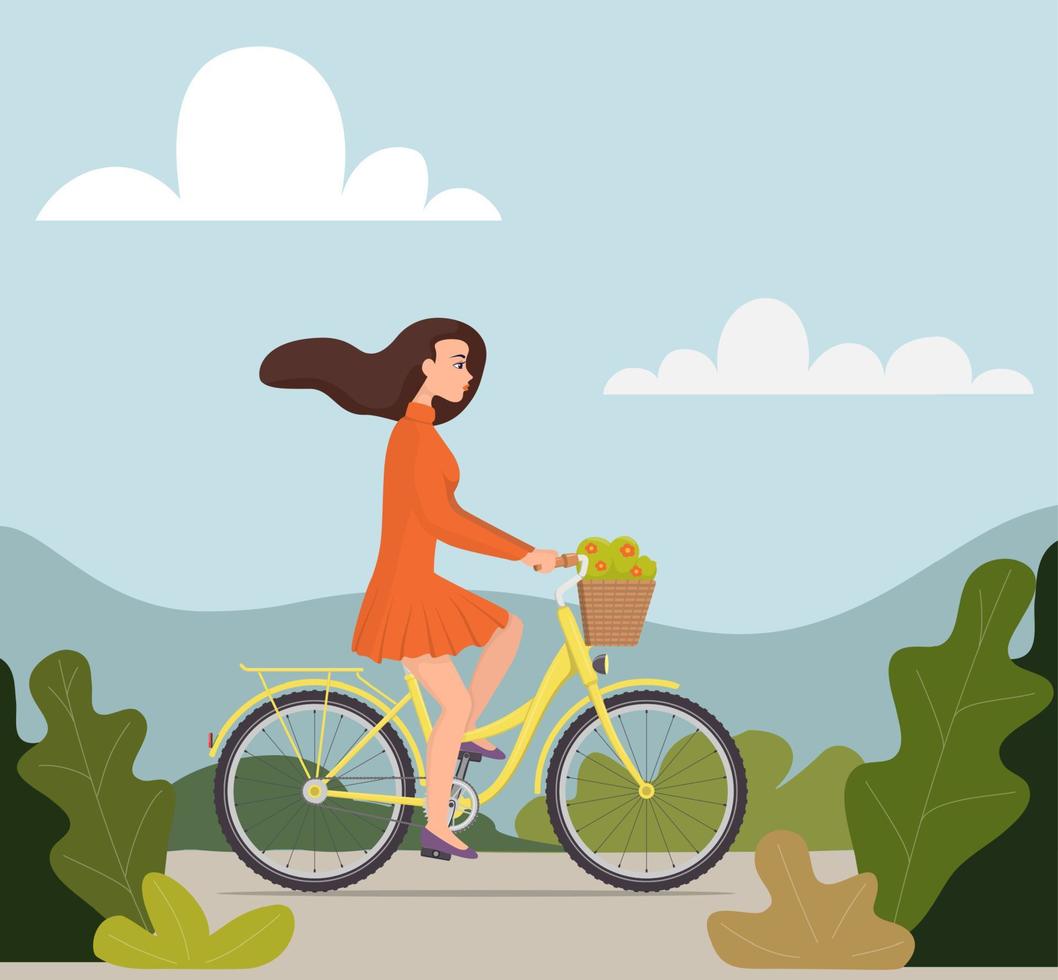 Beautiful young woman riding on a bicycle with flowers in a basket. Pretty girl in nice dress with fluttering hair in the wind rushes on bike. Vector flat illustration.