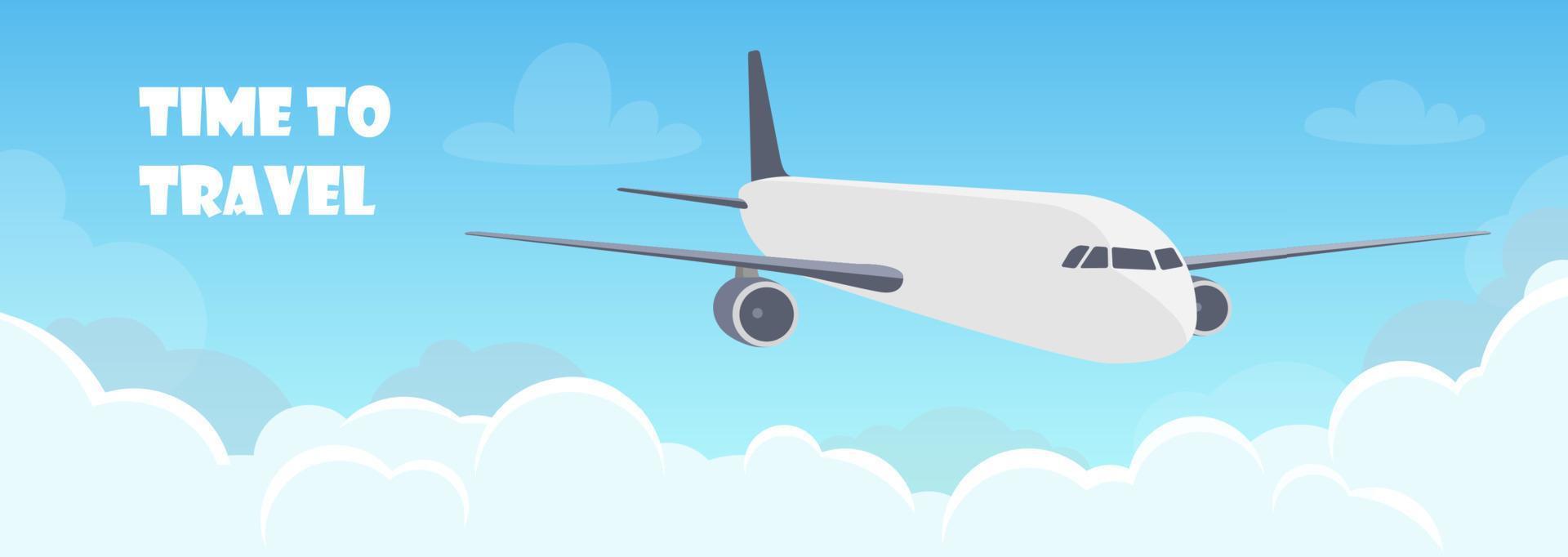 Flying plane above the clouds. Aircraft in the sky. Travel concept illustration for advertising airline, website to search for air tickets, travel agency. Traveling flyer, banner, vector illustration.