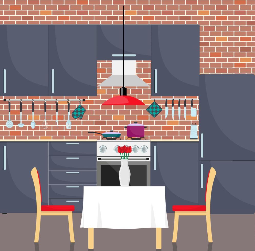Modern stylish kitchen interior. Kitchen utensils and appliances, furniture, gas stove, refrigerator. Pan and frying pan on the stove. Vector illustration in flat style.