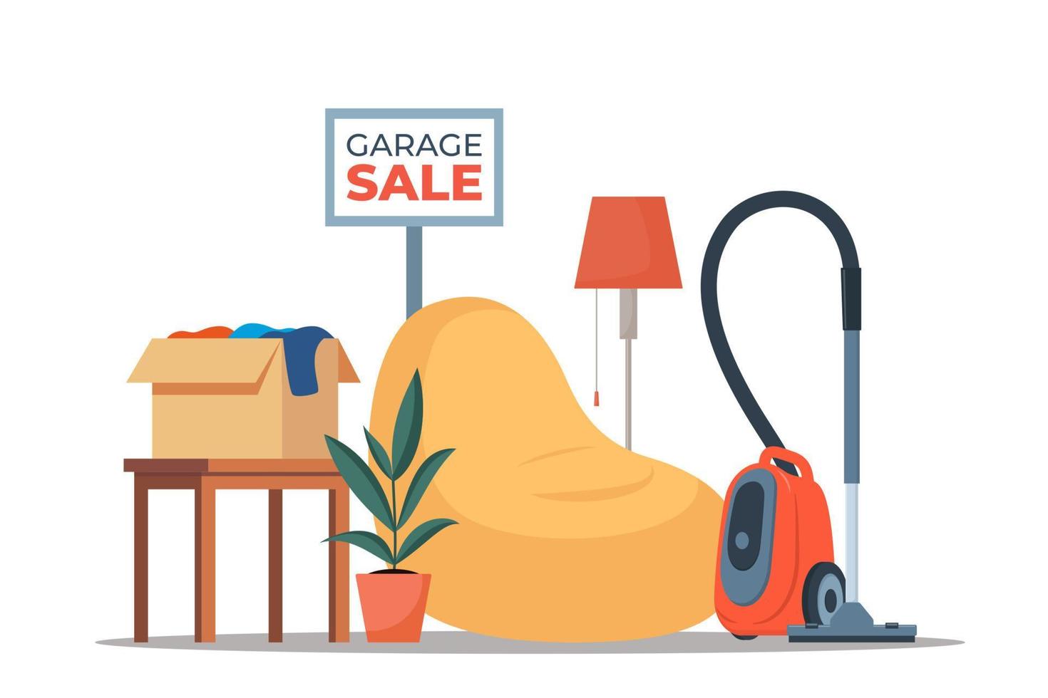 Garage sale banner with flat furniture objects arranged on the floor - house plants, guitar, books, clothes, chair and others. Flea market old stuff clutter. Vector illustration.