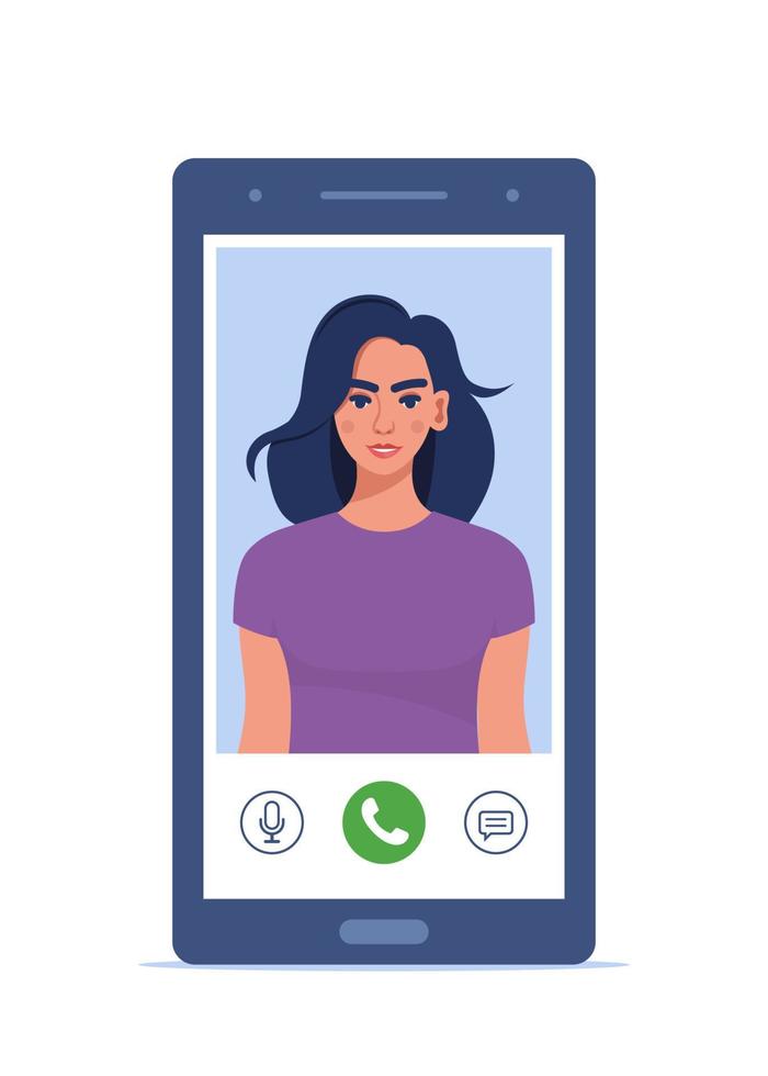 videollamada en teléfono inteligente. mujer joven en la pantalla del teléfono inteligente con iconos de conexión. comunicación en línea usando el teléfono. hablando por videollamada. hablando por Internet. ilustración vectorial vector