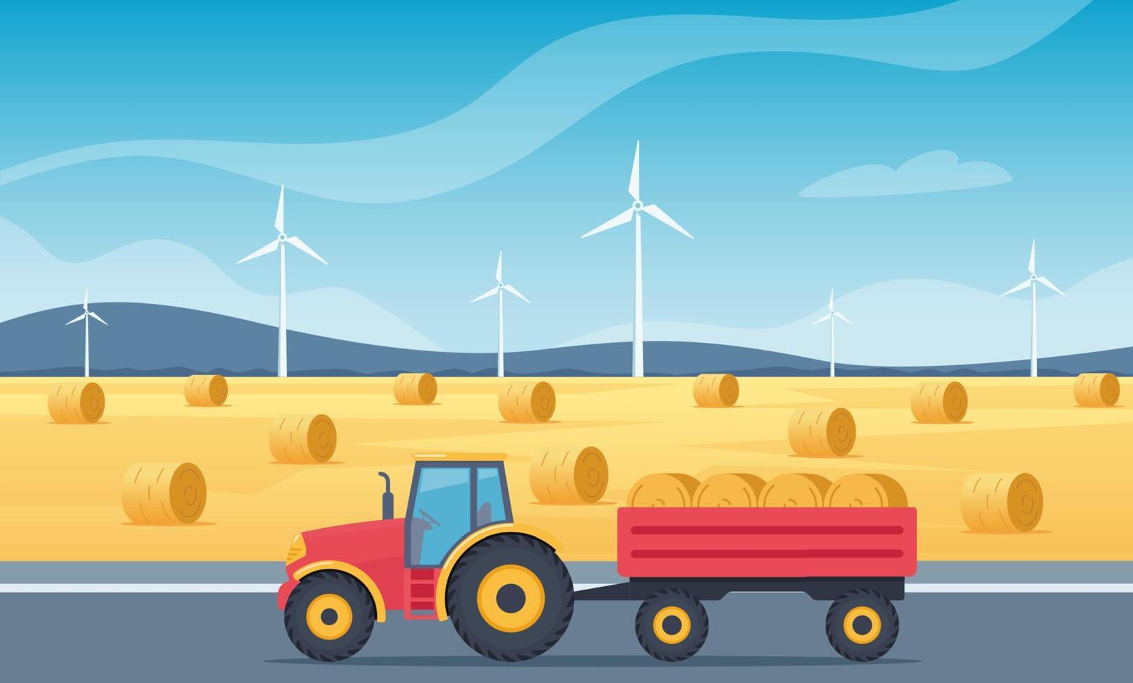 Farm scene with field and haystacks. Tractor with hay bales in cart. Rural landscape. Agriculture and farming concept. Farm Machine. Vector Illustration.