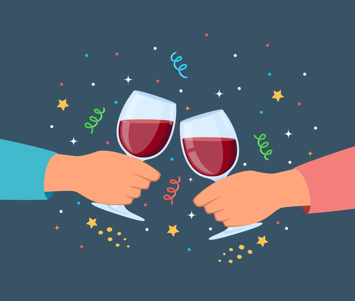 Clink glasses hands. Friends clink wine drinks, alcohol drinks in wineglasses, holiday party, people event together, celebration cheers, colored confetti. Vector illustration.